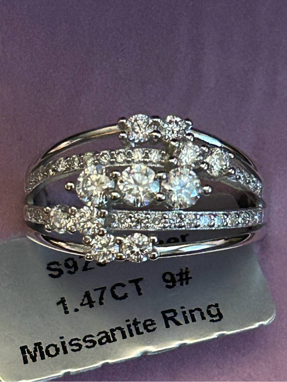 1.47CTW White Moissanite Multi-Row Scatter Statement Band Ring S925 Silver Sz 9